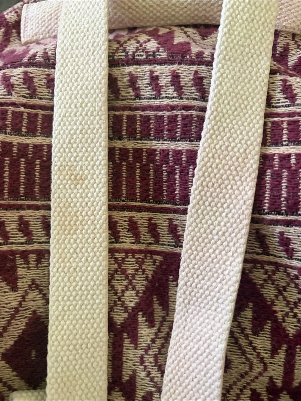 EARTHBOUND Burgundy and Cream Aztec Drawstring Backpack with Teal Trim